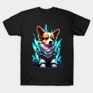 Cyber blue neon robot corgi T-Shirt